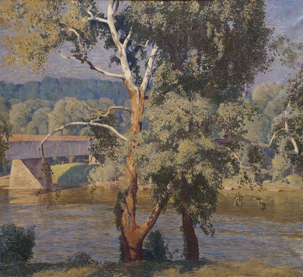 trees by a river painting