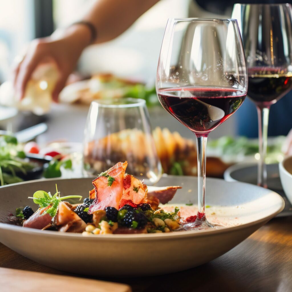 a table topped with plates of food and glasses of wine next to a bowl of salad and a glass of wine on top of a table. generative ai