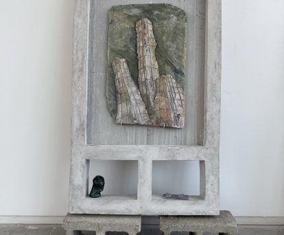 Allison Baker, Spomenik #2, 2025. Cast concrete, ceramics, cast bronze, lottery tickets. Image courtesy the artist. ©️Allison Baker