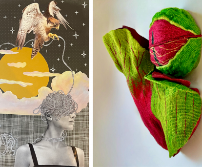 Erin Cessna's 2025 collage  Unraveling left and Rama Ganesan's 2026 woven sculpture Flycatchers, a Chimera (right)