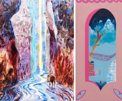 (Right) Max Kauffman, Topanga Portal, 2024. Acrylic, gouache, water based spray paint and latex on canvas. Courtesy of the artist © Max Kauffman

(Left) Melanie Daniel, Wild Horse Canyon, 2025. Oil on canvas. Courtesy of the artist © Melanie Daniel